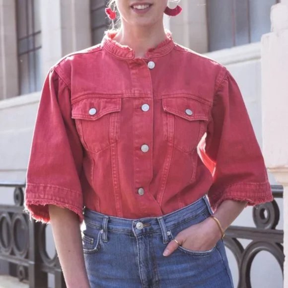 GAP Fringe Boho Denim Jacket with wide bell flared sleeves in Red Crimson S - Picture 5 of 13